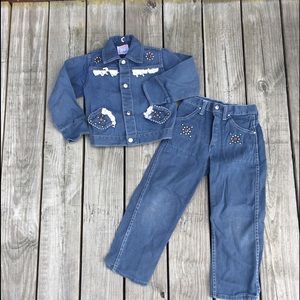 Vtg denim cowgirl pant set studs rhinestone fringe